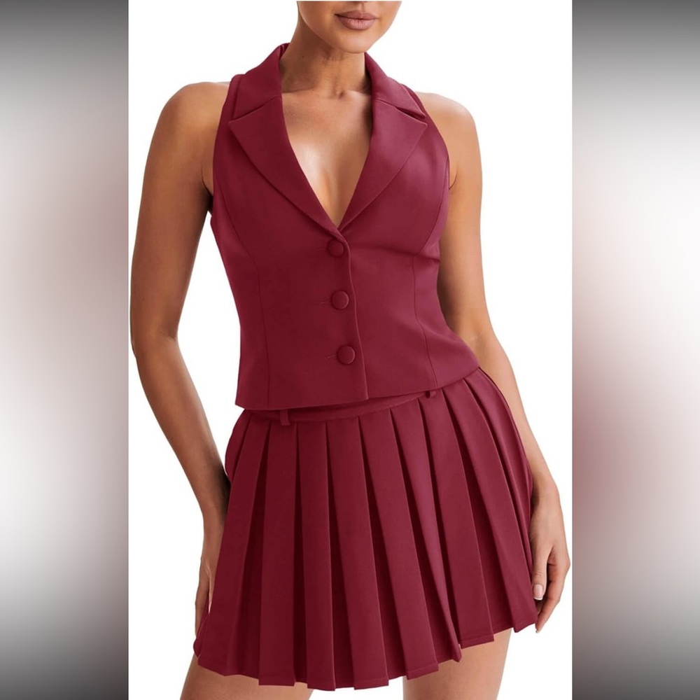 ❣️Burgundy Sleeveless Blazer and Skirt Set ⭐️❤️